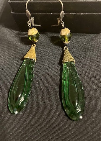 Vintage Art Deco Czech  Green Glass drop earrings